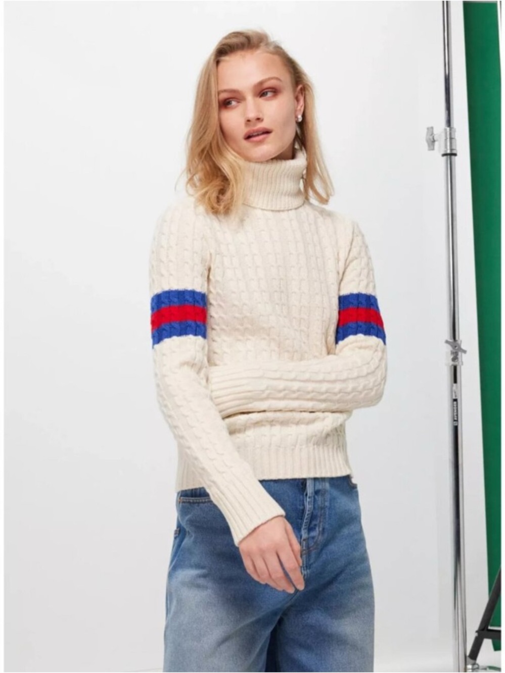 Gucci Cream Cable-Knit Turtleneck Sweater w Blue/Red Sleeve Stripes New w tag!